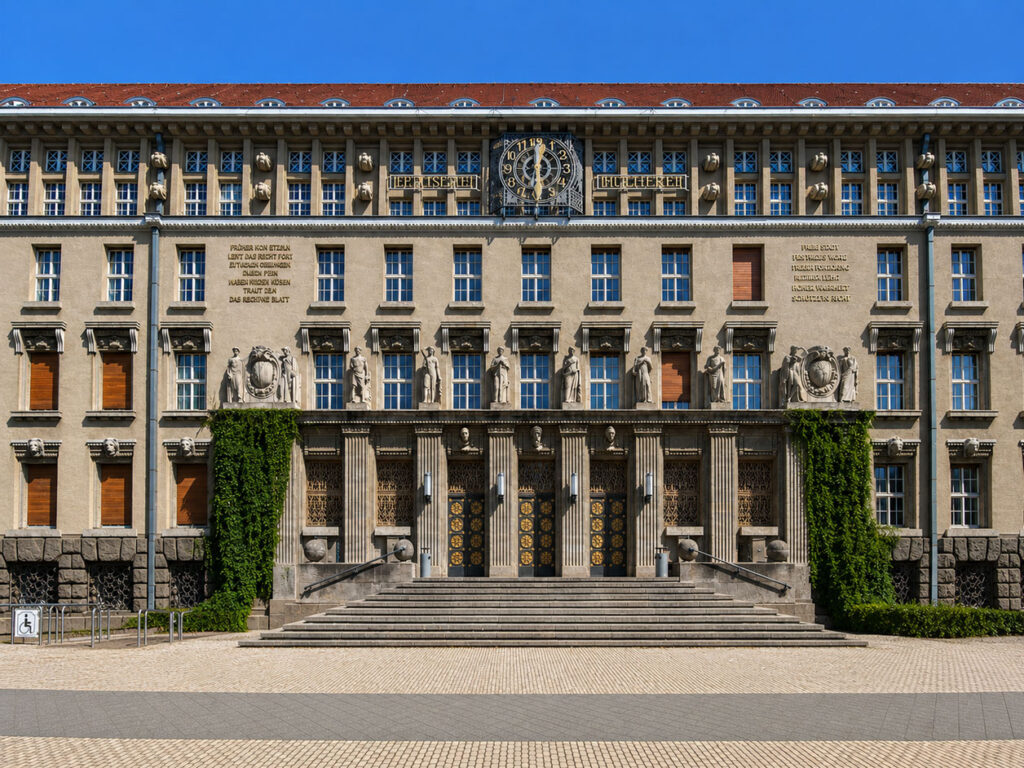 Fassade eines historischen Gebäudes mit breiter Treppe, Säulen, Skulpturen und einer großen Uhr über dem Eingang
